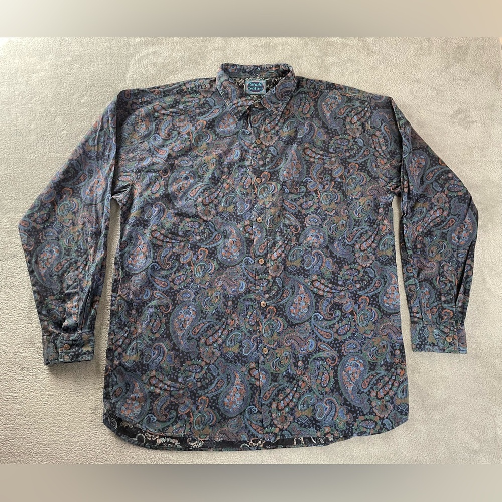 Vintage Shah Safari Mens Shirt Large Button Long Paisley Sleeve Qatar 90s Y2K
